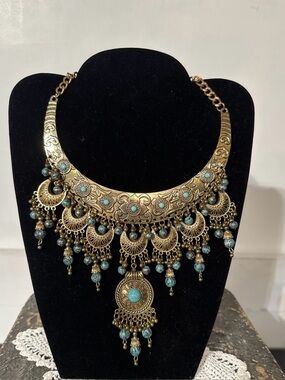 Bohemian Turquoise Accent Bib Necklace  Egyptian revival style